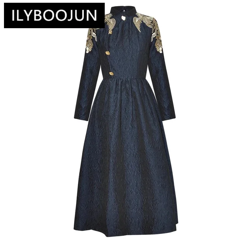 

ILYBOOJUN Fashion Designer Autumn Jacquard Dress Women Stand Collar Long Sleeve Embroidery Chinese Style Dresses