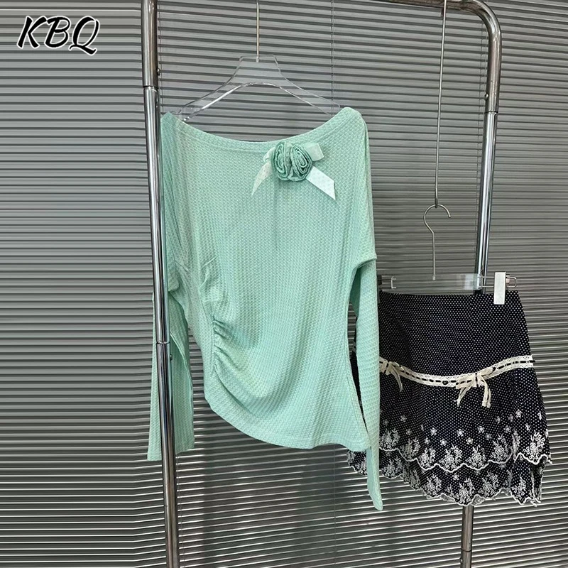 

KBQ Sweet Slim Two Piece Sets For Women Diagonal Collar Long Sleeve Spliced Appliques Top High Waist Mini Skirt Cute Set Female