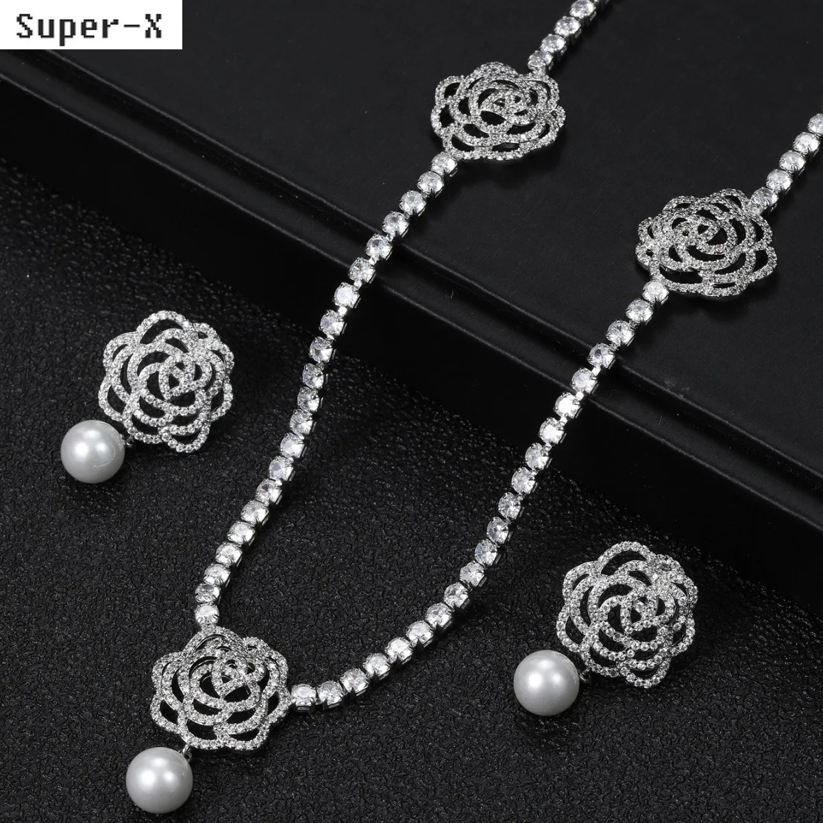 

shiny silver color zircon rose necklace earrings 2pcs jewelry sets elegant sweet wedding bridal jewelry women anniversary gift