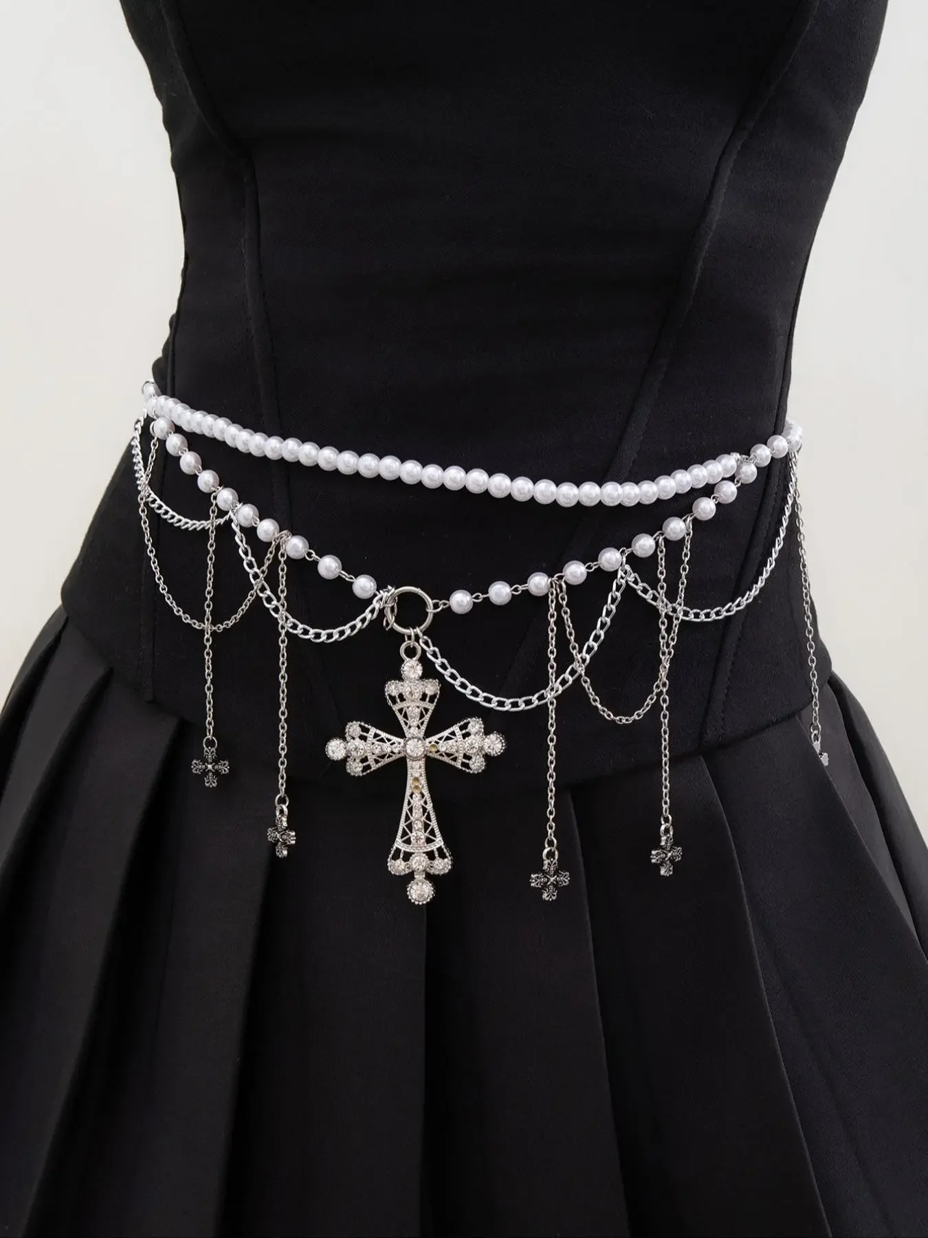 Cross Design Faux Pearl Decorated Tassel Waist Chain Pendants, Bling Chain, Hollow out Body Jewelry, Chic Body Jewelry, for Women & Girls, Party, Daily Clothing Decor, Birthday Gift, Waist Beads, Waist Chain Accessory, Body Chains