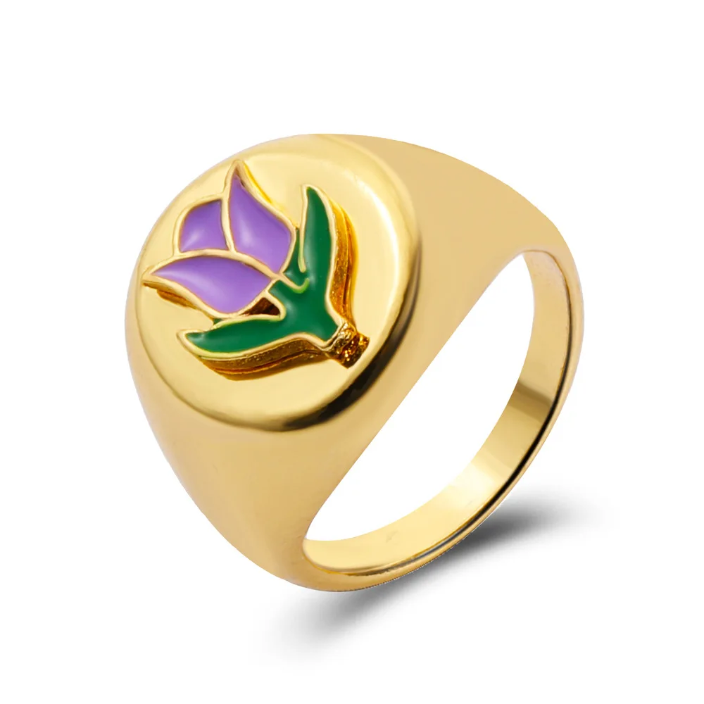 Exquisite Graceful Red Love Heart Blue Pink White Purple Flower Eight Diagrams Green Leaves Golden Plated Rings For Girls