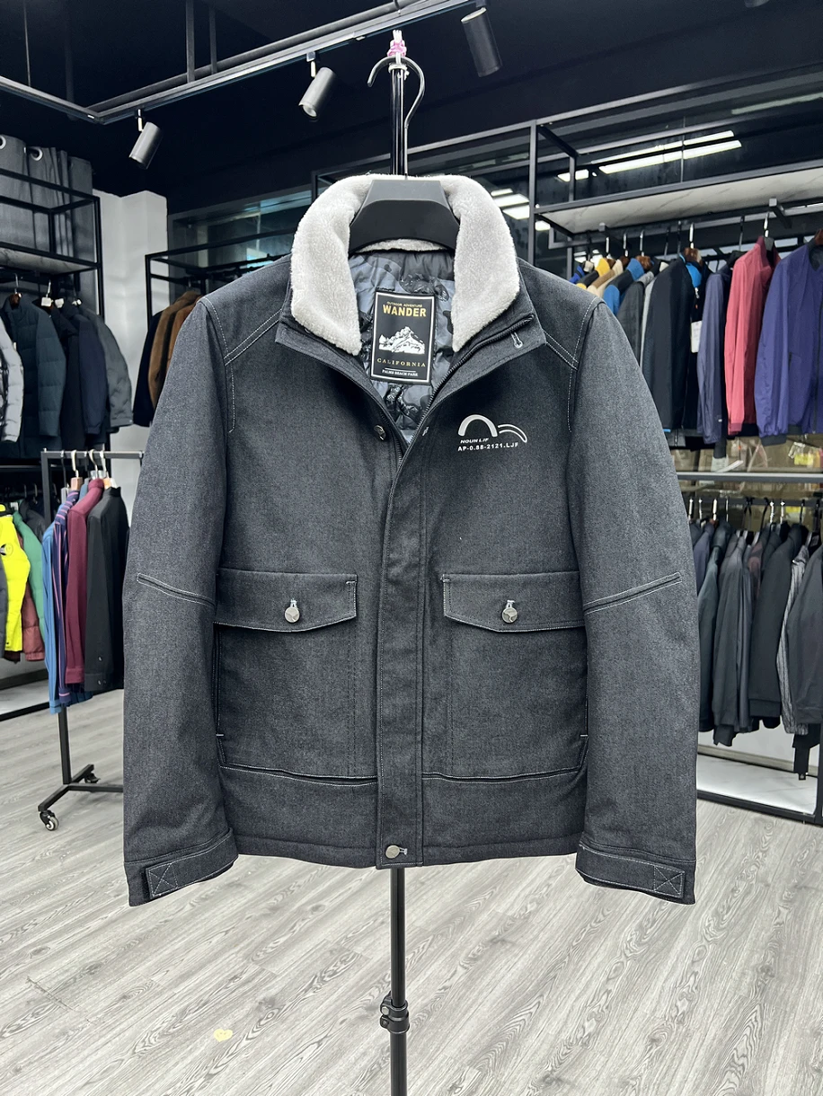 

Мужская повседневная куртка из денима на пуху с воротником-стойкой, теплая, с длинными рукавами, на молнии, молодежная, осенне-зимняя, модная верхняя одежда