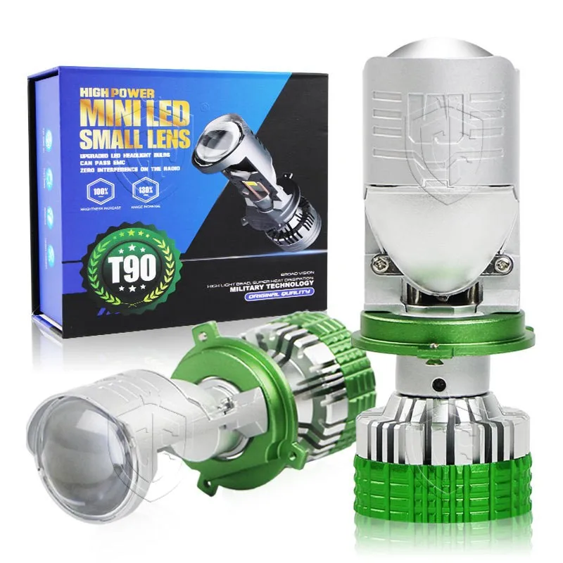 T90 H4 Tri-Color Motorcycle LED Headlight Bulb Mini Projector Lens High Low Beam 3000K 4300K 6000K for Motorbike Scooter Riders