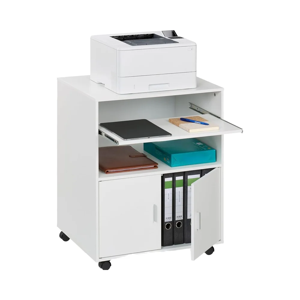 #￥forModern Steel Adjustable Desk Cabinet with Wheels 2 Compartments Sliding Tray Home Office Use 74x60x48cm White