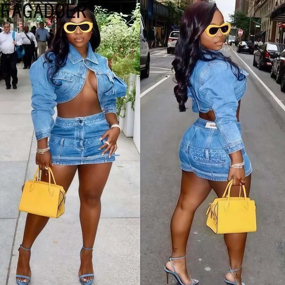 

FAGADOER Autumn New Sexy Denim 2 Pieces Set for Woman Outfit Long Sleeves Patchwork Crop Jacket + Skirt Female Streetwear New