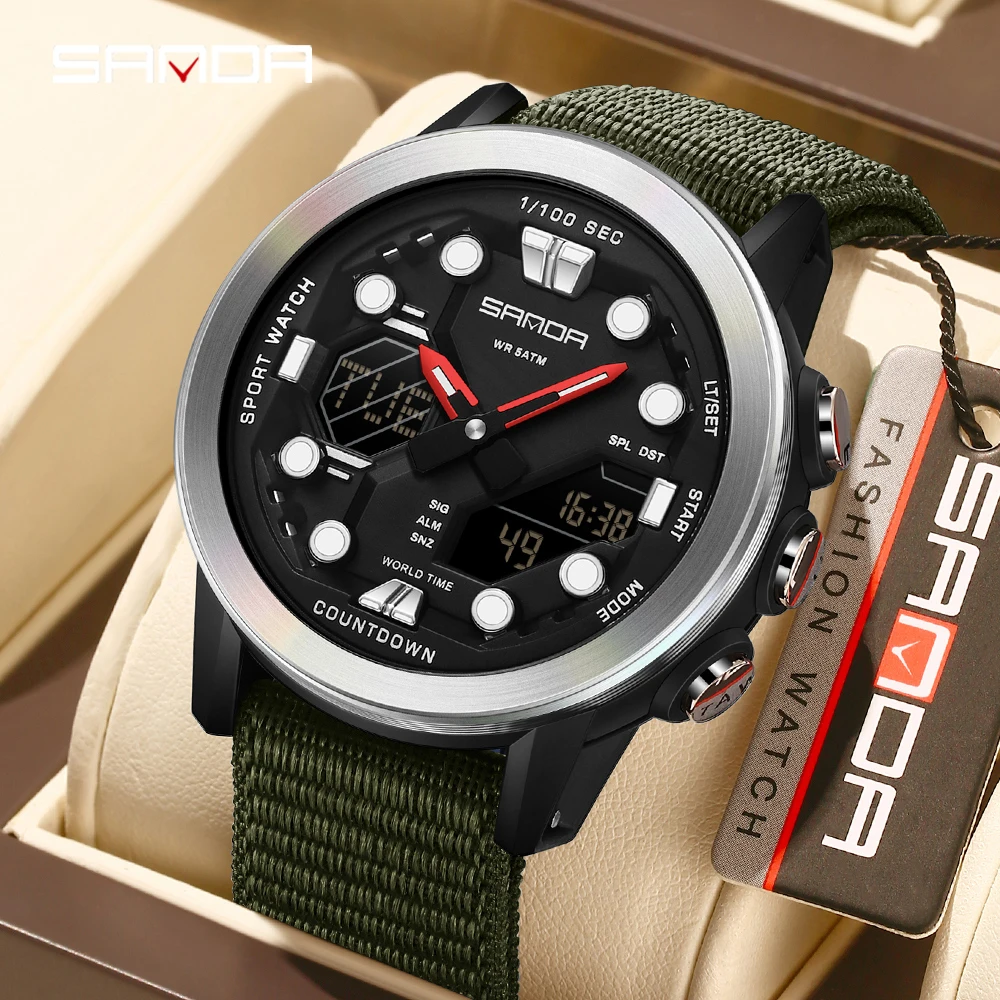 

SANDA 3392 Fashion Men Outdoor Shockproof Watches Men Wristwatch Waterproof Nylon Strap Military Digital Reloj Sport Watch
