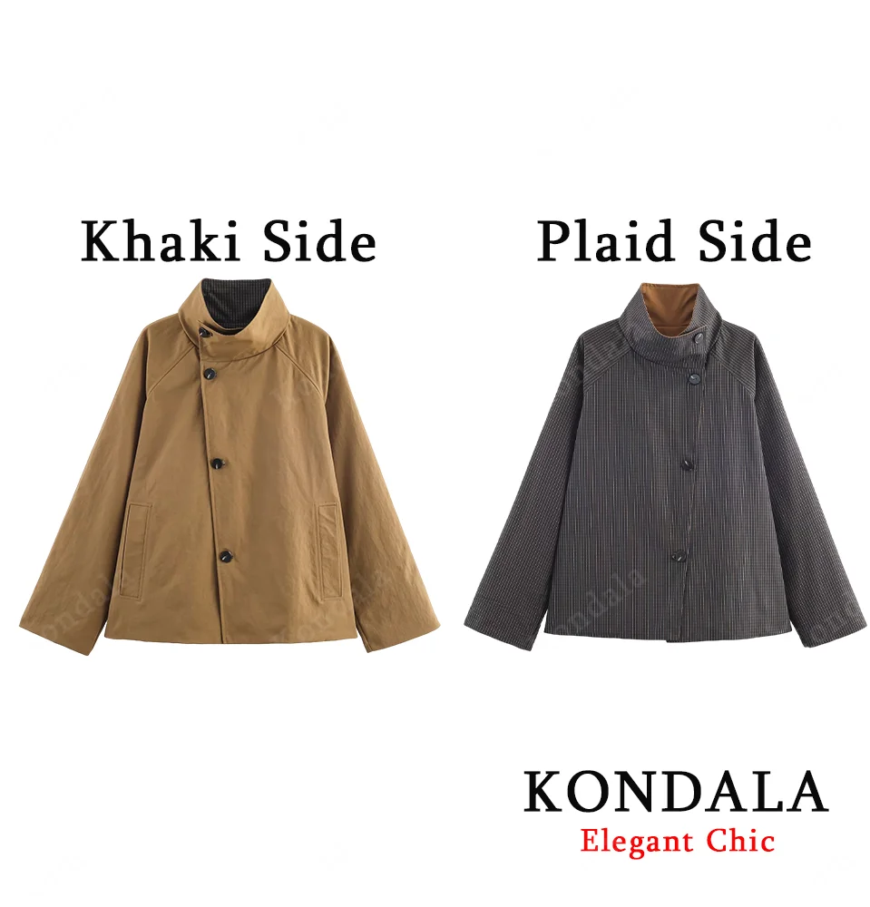 KONDALA سترة نسائية خريفية أنيقة قصيرة سترة واقية قابلة للعكس أزرار ارتداء سترة معطف 2025 ربيع الخريف موضة معطف سيدة خمر