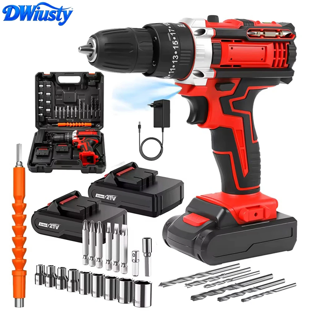Taladro percutor inalámbrico DWiusty 45N.M, destornillador eléctrico recargable, taladro manual de 3/8 " y 1800 RPM, herramienta eléctrica