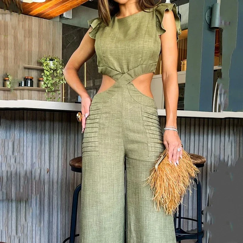 Wefads Women Jumpsuit Fashion Solid O Neck Ruffled Ruffles Sleeve Hollow Out Bare Waist Wide Legs Loose Long Pants Jumpsuit