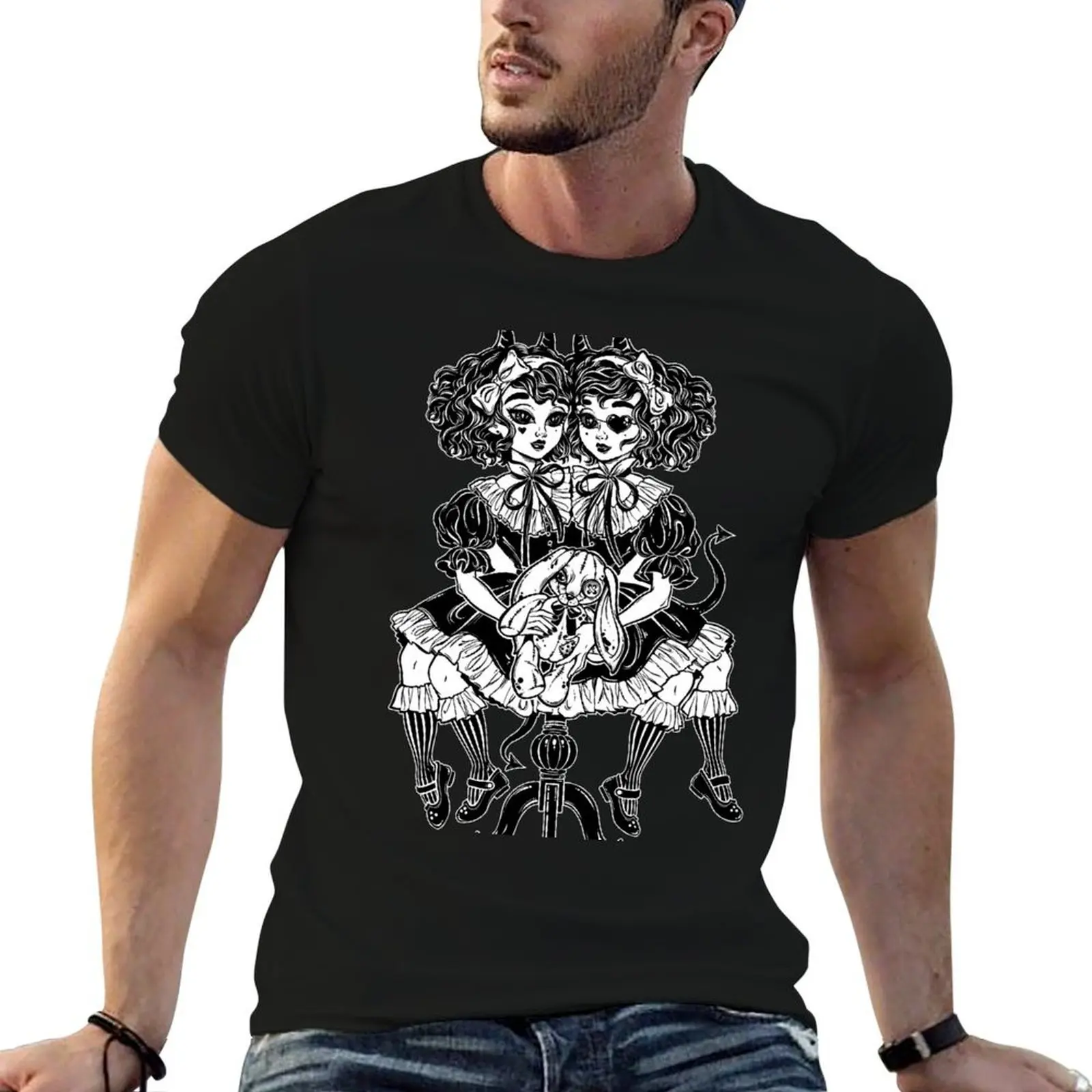 

Gothic Victorian twin siamese demonic girls with voodoo stuffed toy and imp horns. T-Shirt graphic t shirts for man T-Shirt