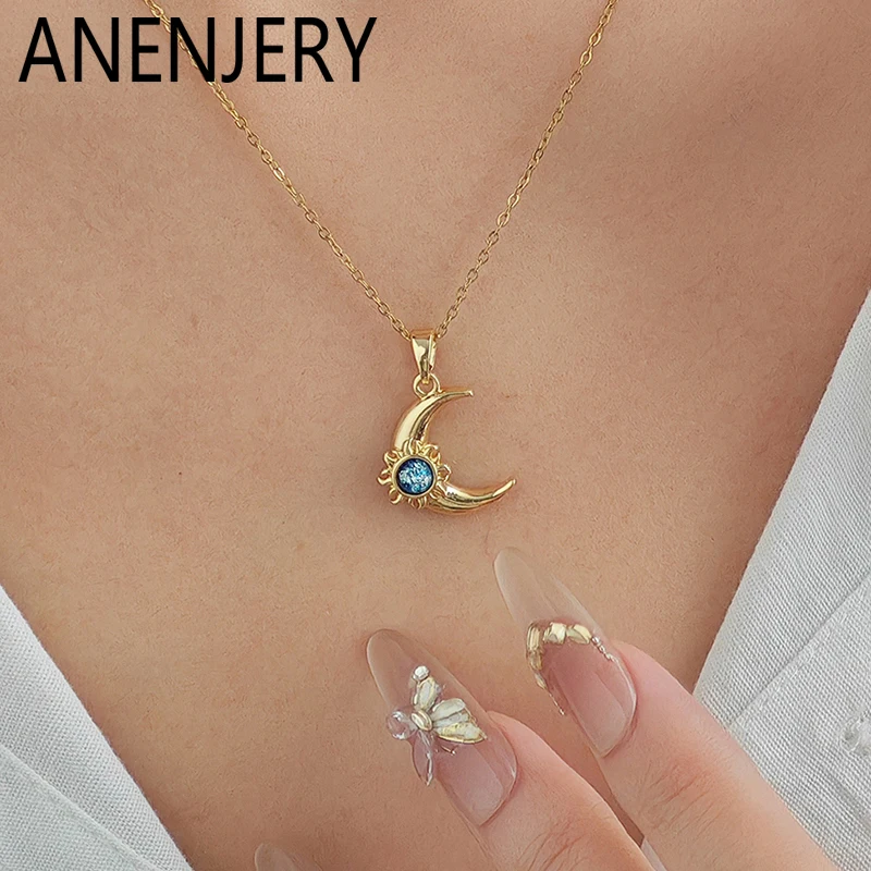 ANENJERY 316L Stainless Steel Moon Sun Blue Zircon Pendant Necklace For Women Personality Creative Niche Jewelry Gifts Wholesale