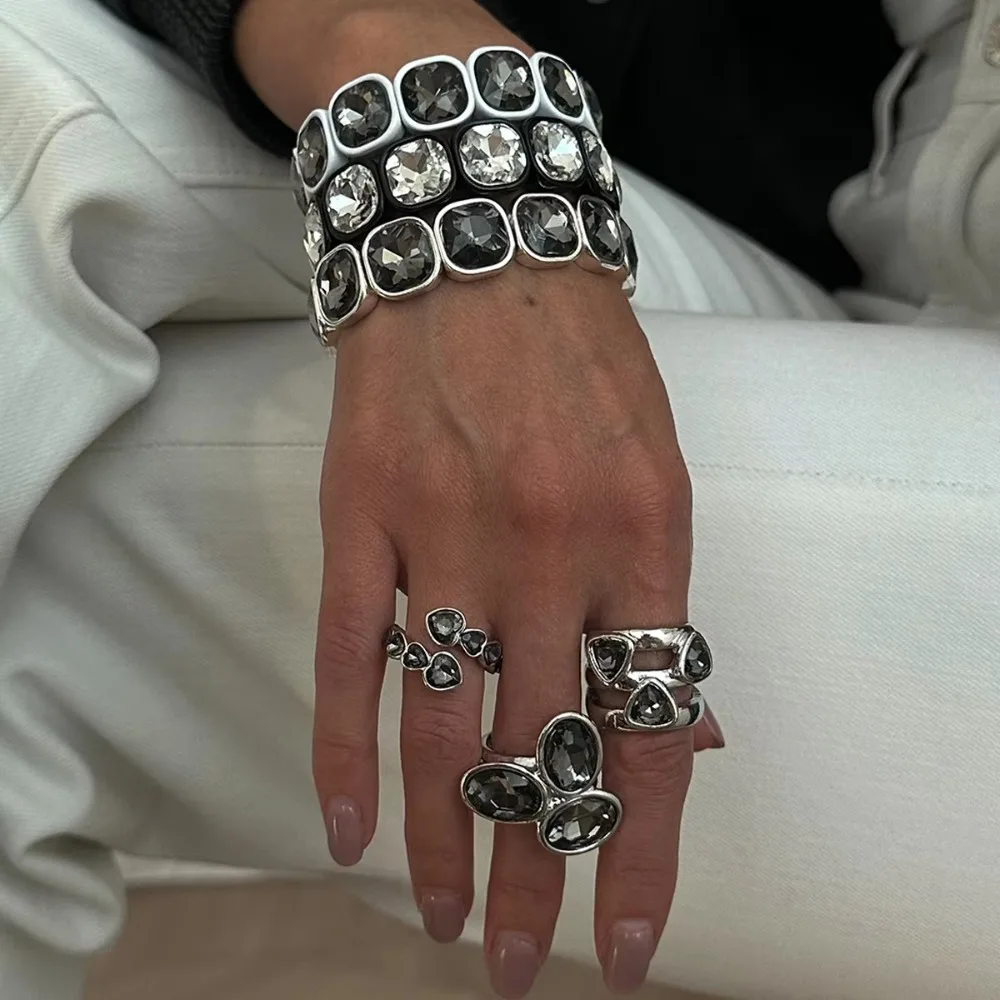 Minimalist Bracelet and Ring Set Inlaid with Acrylic Diamonds Personality Open Ring Silver Edging Luxury Bracelet Party Jewelry