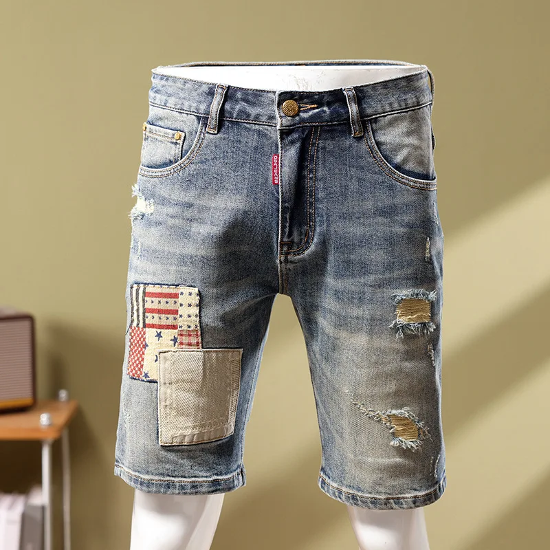 

European station summer blue patchwork denim shorts casual distressed beggar pants for men denim jeans short men