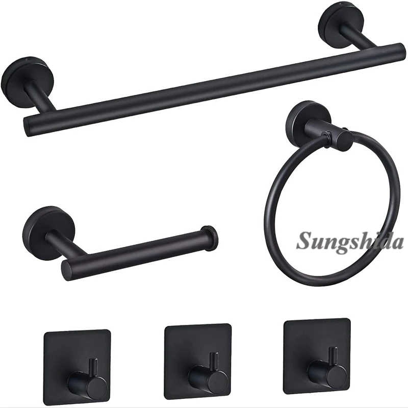 SSD Quality Stainless Steel Bathroom Accessories 6Pcs Kit Hardware Towel Bars Towel Rings Toilet Paper Holder Robe Hooks