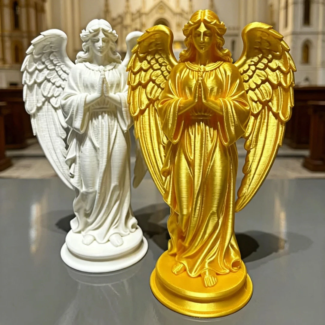 Estátua de Anjo Rezando Impressa em 3D, Figurinha de Anjo Guardião em Ouro Branco, Escultura Religiosa para Decoração de Altar Cristão
