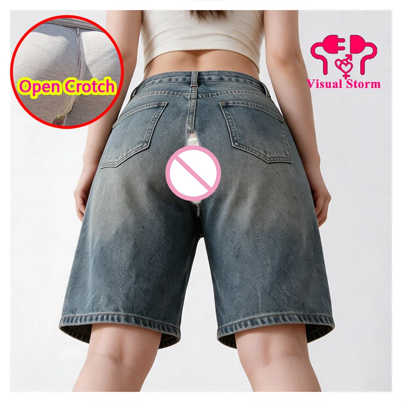 Women's Hidden Zipper Open Crotch Pants Mini Jeans Couple Outoor Easy Crotchless Clubwear Pants Open Seats Cropped Trousers