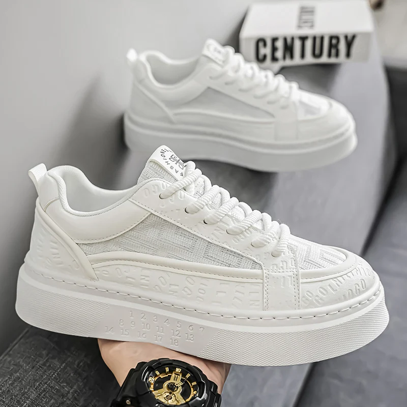 New Summer Men Shoes, Thick Sole Height Increasing White Sneakers, Versatile Daily Casual Sports Skate Footwear for Students