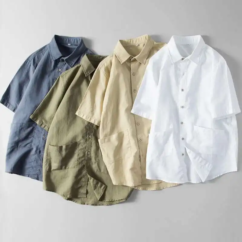 

Men's Cotton Linen Short Sleeve Shirt Casual Lightweight Solid Color Blouses Vintage Summer Holiday Beach Classics Shirt Tops