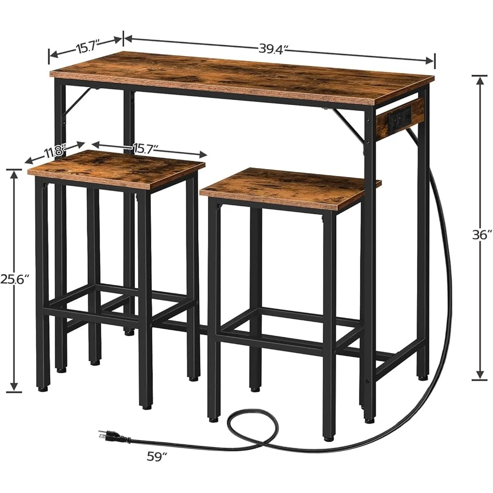 Bartafel en krukenset 3-delige keukeneettafel met stopcontact USB-poorten Ruimtebesparend ontwerp Industriële pubtafel