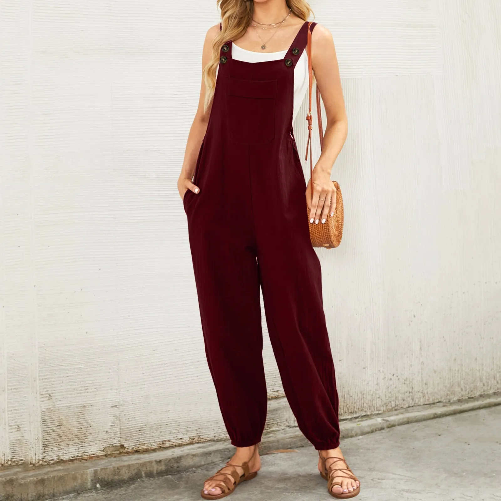 Fashion musim panas Jumpsuit wanita tanpa lengan longgar 2024 wanita Solid saku celana kaki lebar celana panjang suspender Streetwear