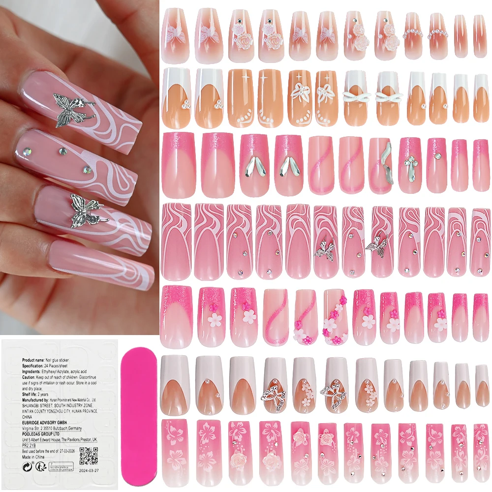 24Pcs/Box Long Ballet False Nails with Flower Butterfly Design Coffin Press on Nails Fake Nail Full Cover Artificial Fingernails