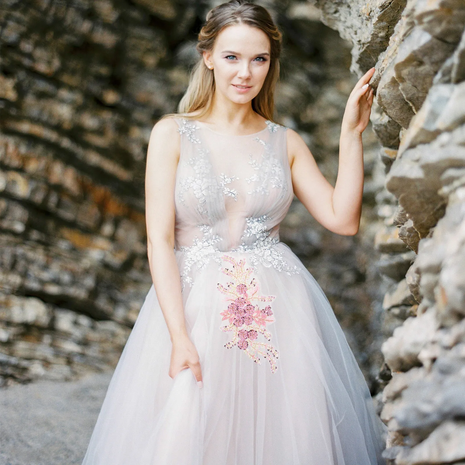 2Pcs Stunning Embroidered Sequin Lace Appliques for Wedding and Formal Wear Pink Embroidered Sequin Patches