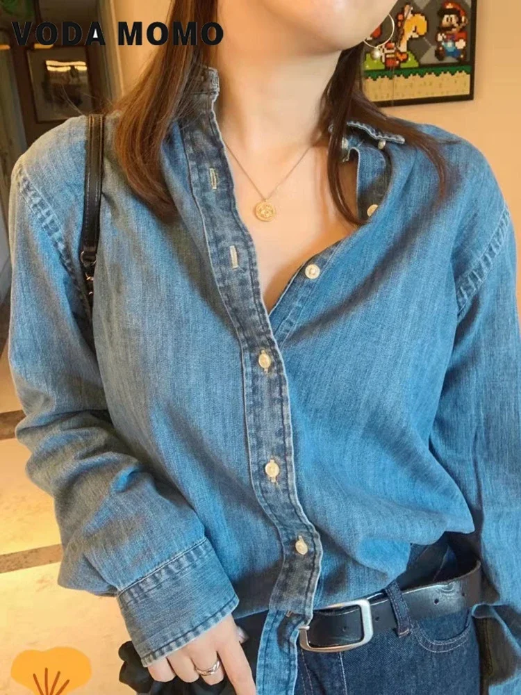 

Spring Autumn New Streetwear Basic Daily Harajuku Versatile Denim Shirt Casual Retro Long Sleeve Blouses Casual Loose Female Top