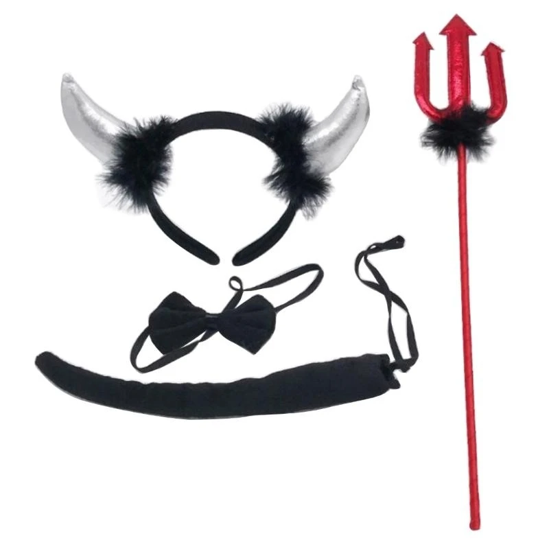 Y5GC 4PCS Trang phục quỷ Phụ kiện Bowtie Devils Horn Headband Red Pitchforks đuôi