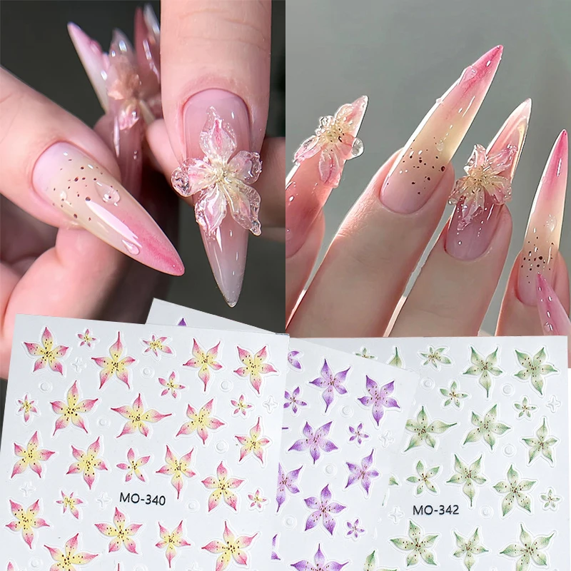 Lily Flowers Nail Stickers White Flower Green Leaf Geometric Line Sliders Spring Floral Water Transfer Decals Slider