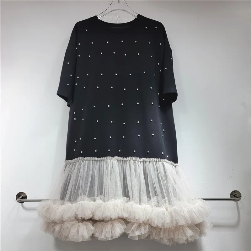 Sweet Mid-Length Tulle Tutu Dress Summer New Fashion Heavy Industry Beads Short Sleeve Gauzy Stitching T-shirt Dress Women