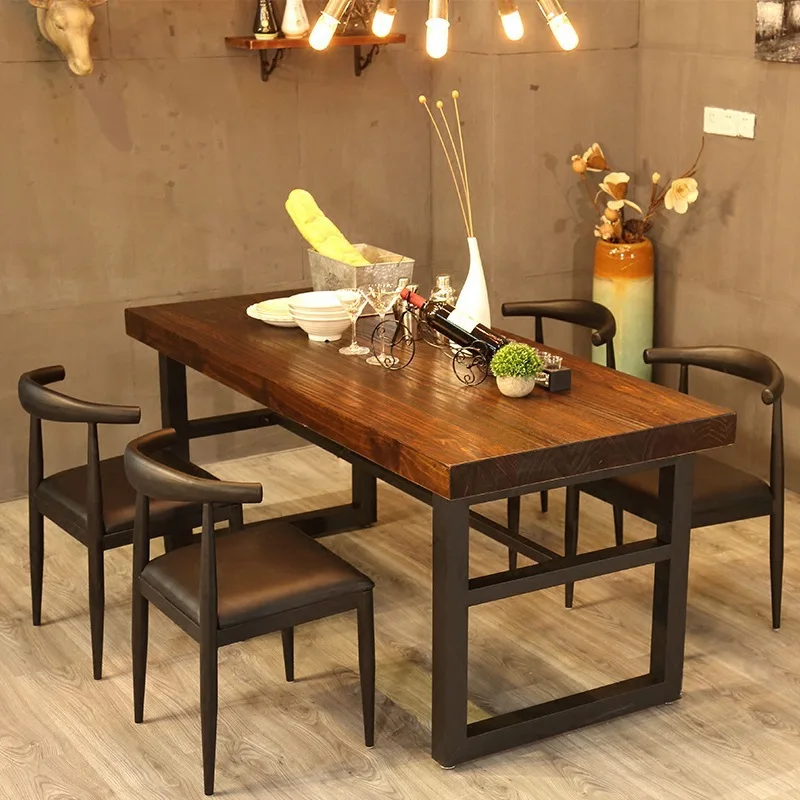 Retro dining table bar restaurant household solid wood dining table and chair combination creative wrought iron hotel dining tab