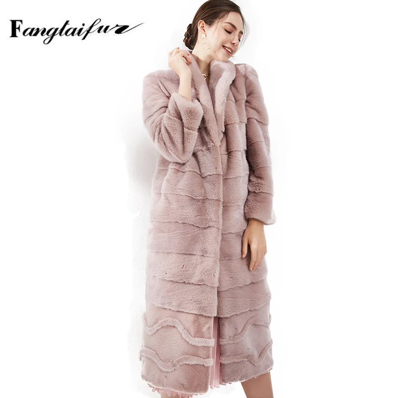 Ftangaiur جديد الشتاء استيراد المخملية معطف فرو المنك كم طويل المرأة بدوره إلى أسفل طوق لون نقي X-طويلة معاطف فرو المنك الطبيعي
