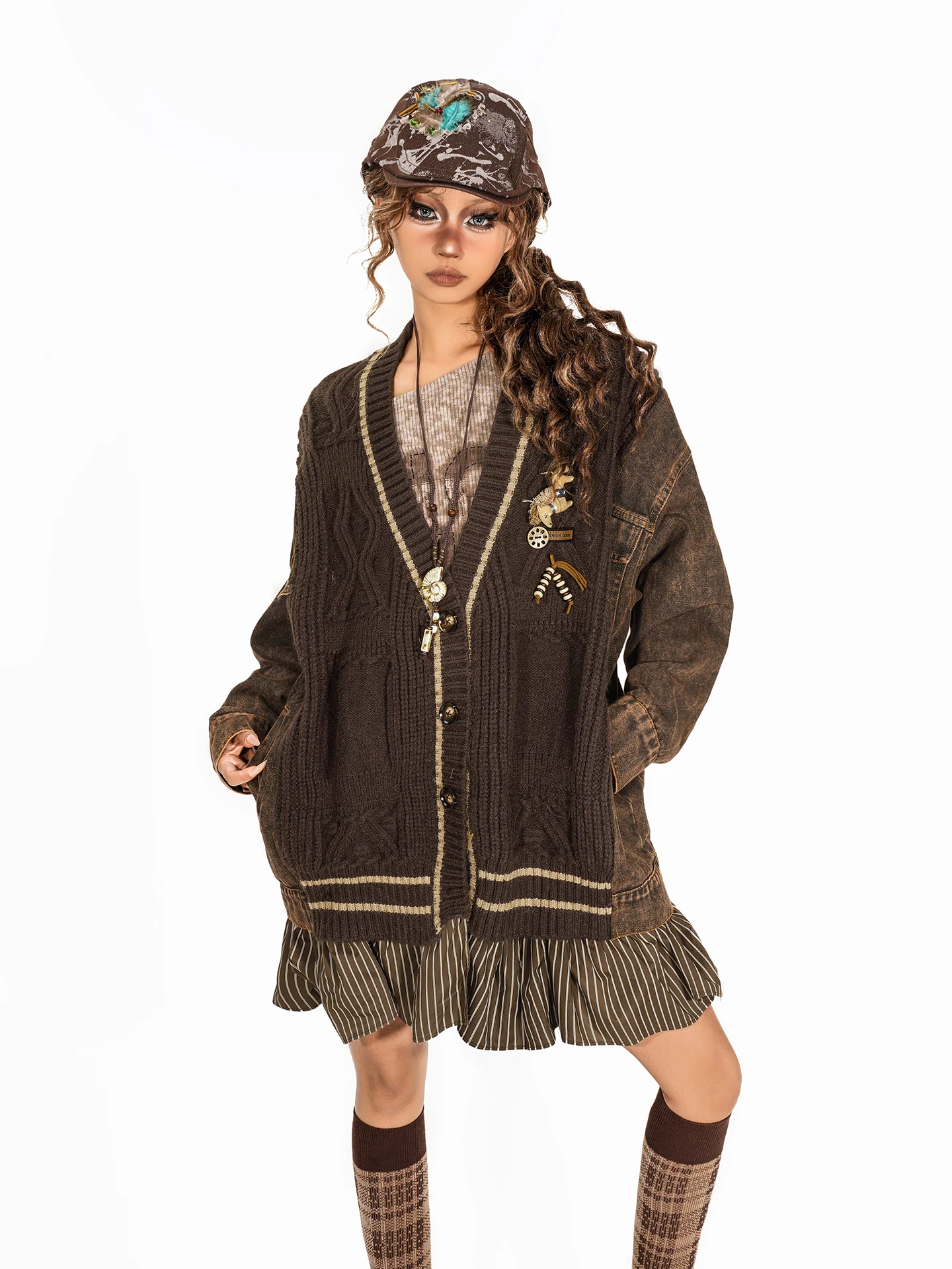 

Винтажный плотный джемпер из денима с пэчворком и эффектом двухслойности, имитирующий льняной кардиган, для женщин, зимний дизайн