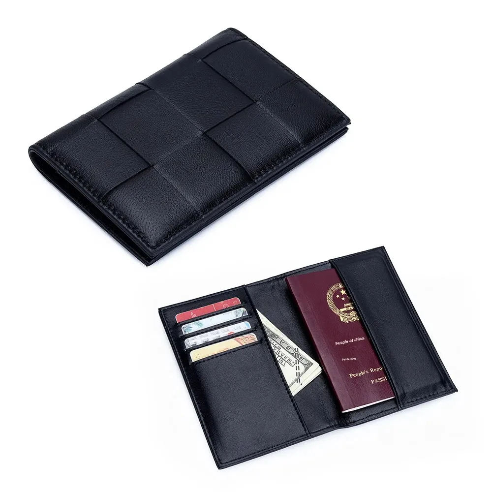 حامل جواز سفر جلدي منسوج عصري للنساء، حماية لتخزين مستندات البطاقات، قابل للطي، حجم صغير، جلد طبيعي #1