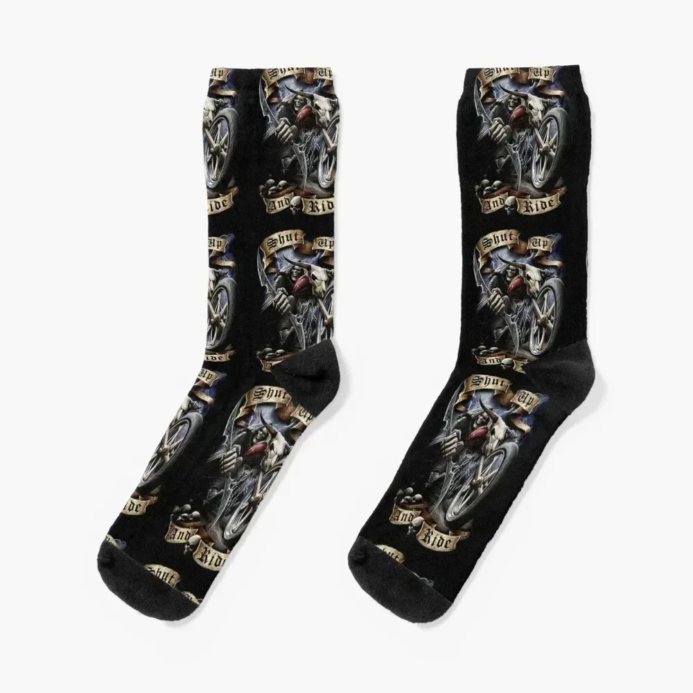 

Shut up and ride. Reaper Riding a motorcycle Socks kawaii Stockings compression Men Socks Women's