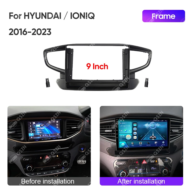 QSZN 9 INCH Car Radio Frame For HYUNDAI IONIQ 2016-2023 Navigation Panel Frame Canbus Box Cables Harness Kit Matten Black