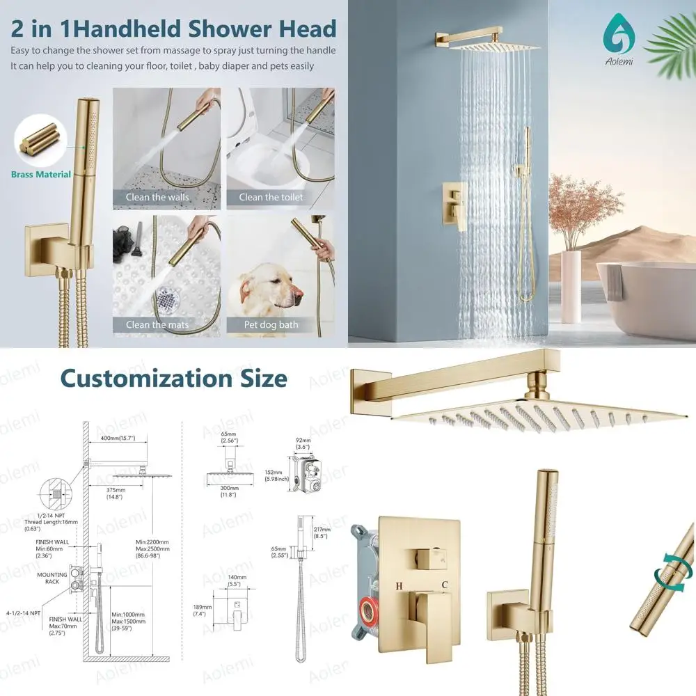 

Ручная душевая система с дождевой системой и смесителем высокого давления, отделка матовым золотом