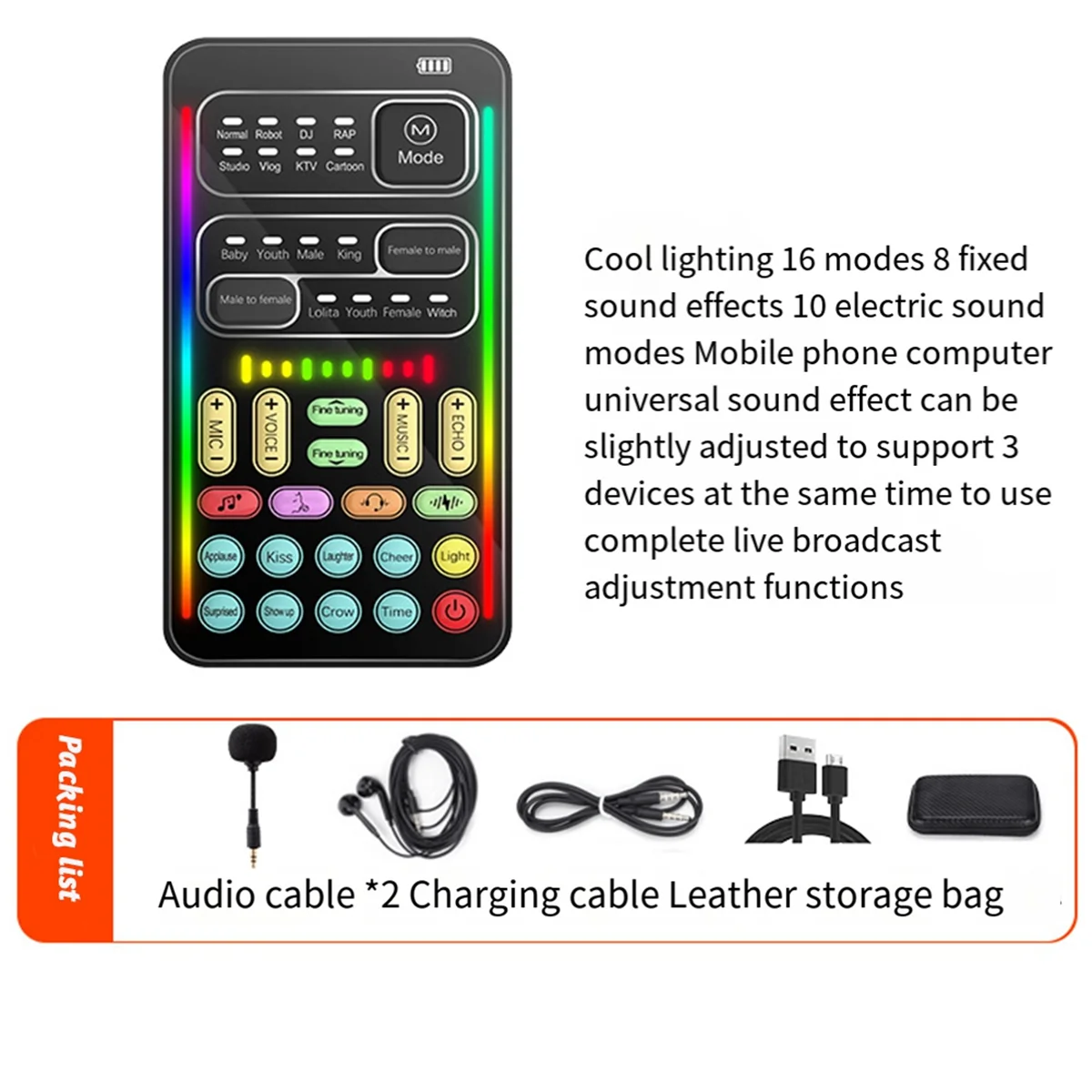 AT77 I9 Voice Changer Full Kit Multiple Audio Effect Bluetooth Live Sound Cards Ultra-Thin Portable Live Sound Card Mic Tool