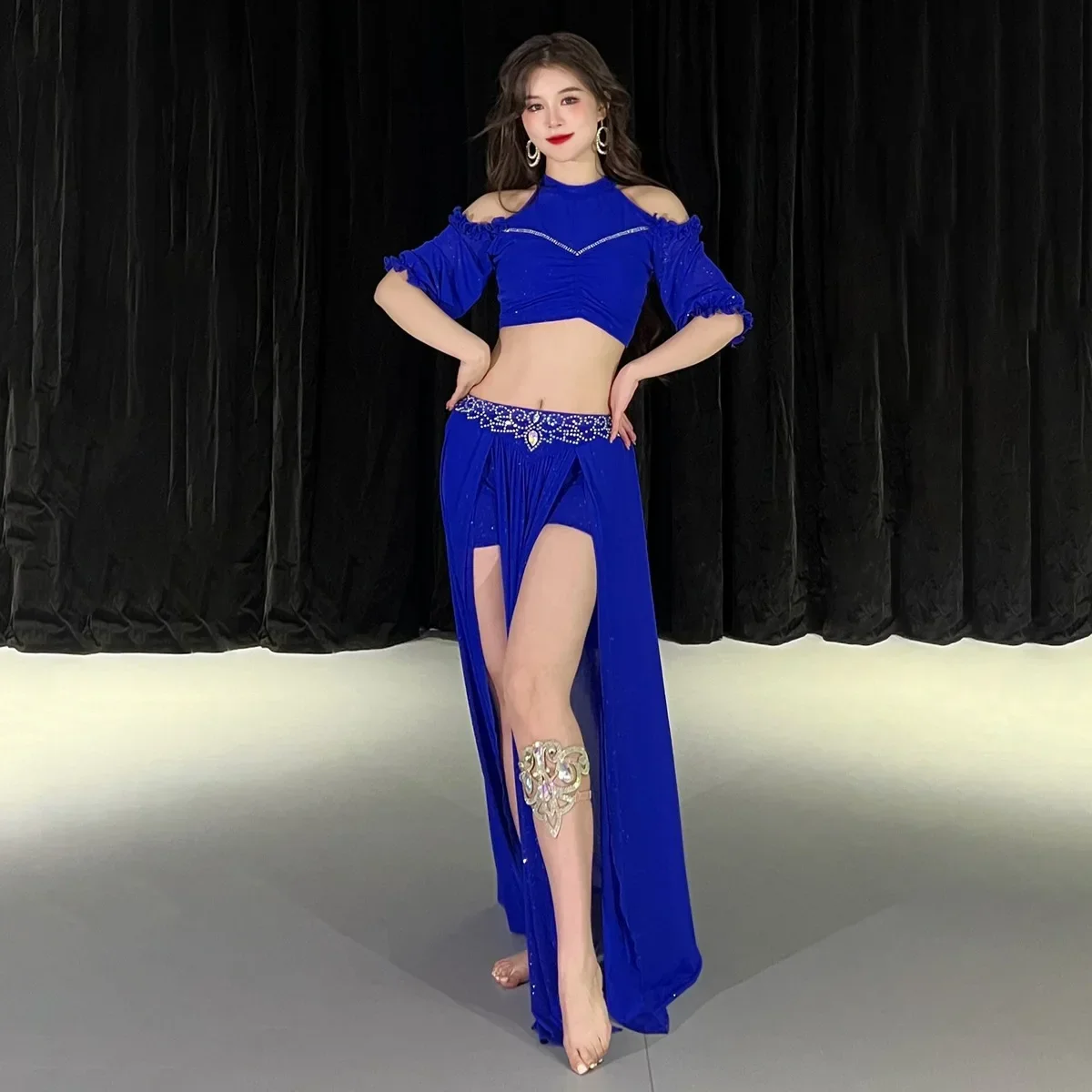 

Belly Dance Costume Set for Women Gauze Half Sleeves Top+senior AB Stones Split Skirt 2pcs Adult Oriental Bellydance Outfit