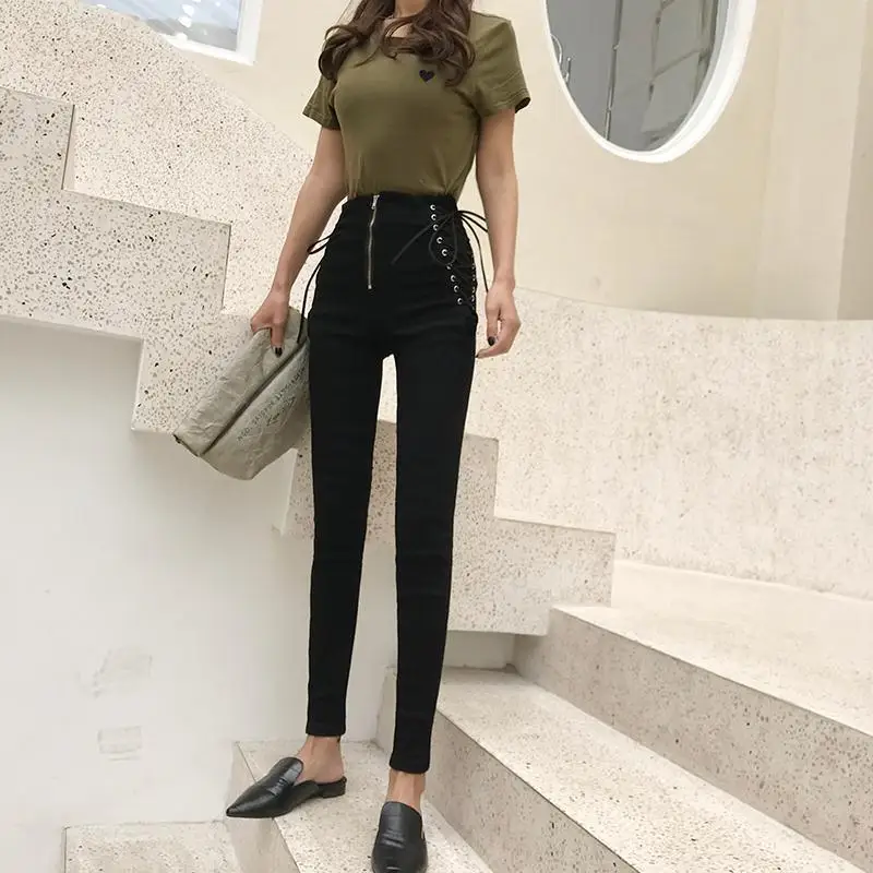 Women's Side Lace-Up Skinny Jeans High Waist Design Stylish Trendy Bottoms for Daily