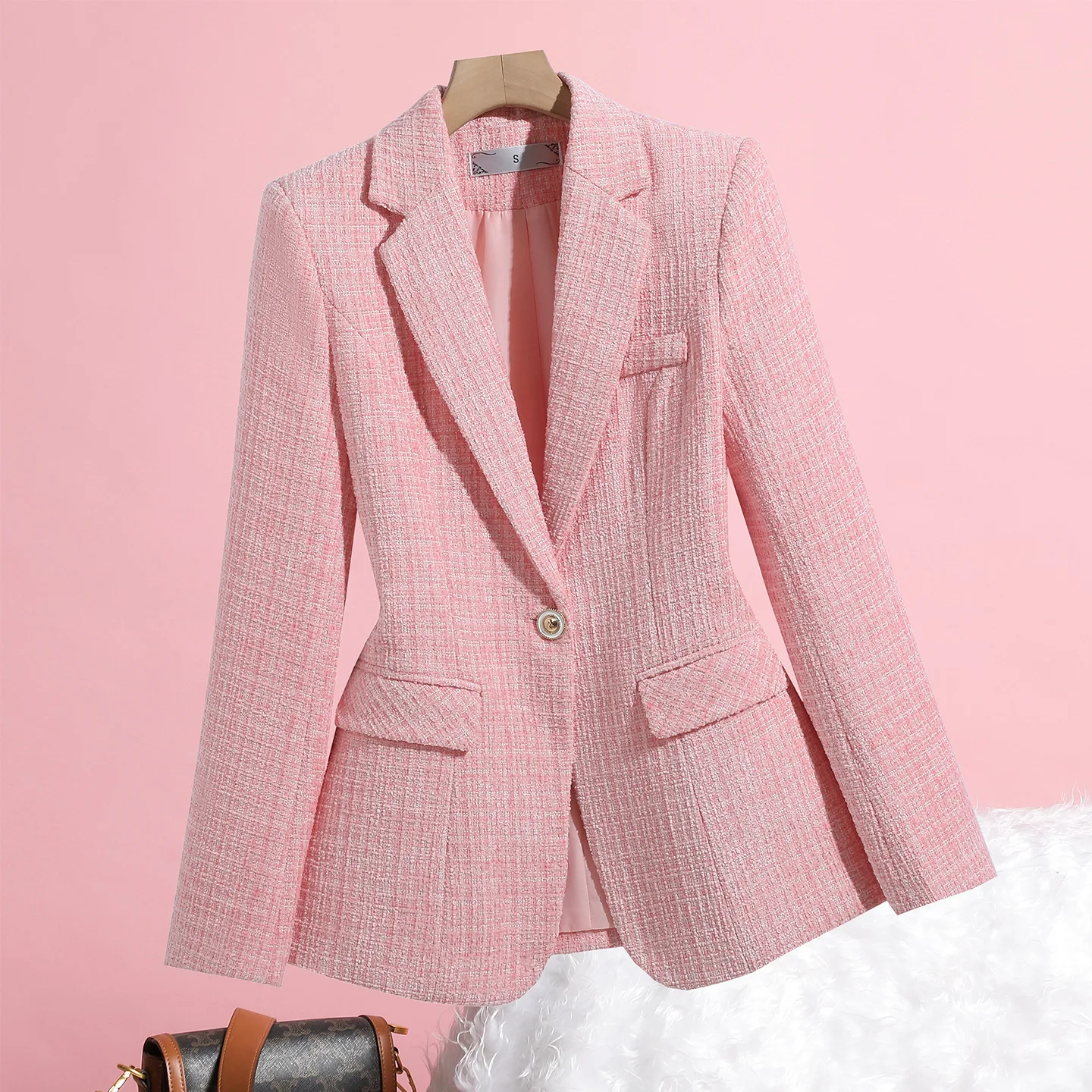 

Autumn Winter Women Outwear Casual Blazer Ladies Jacket Pink Female Slim Long Sleeve Single button Coat Small Fragrance Jacket