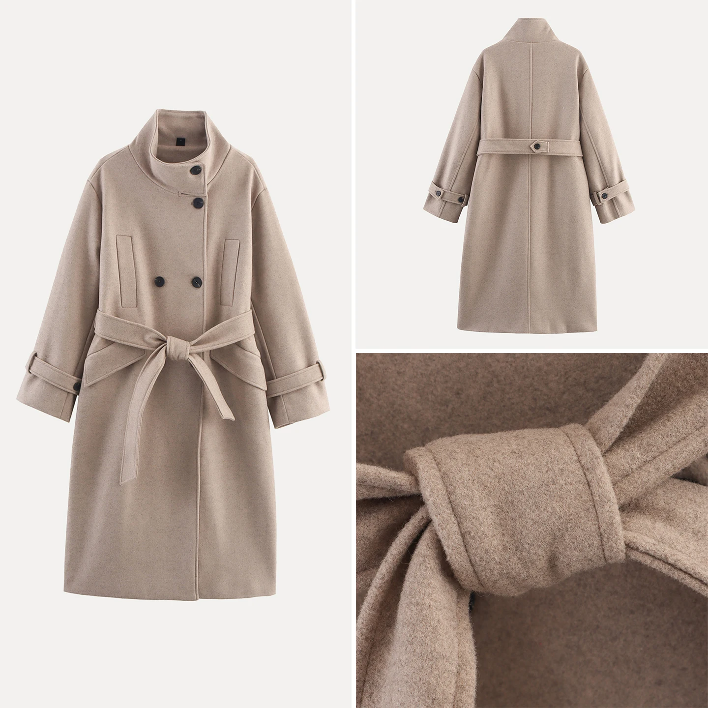 

Thiened Woolen Coat Double Color Women's Outerwear Stand Collar Double Button Long Sve Mid-Length Pure Color Commute Sle