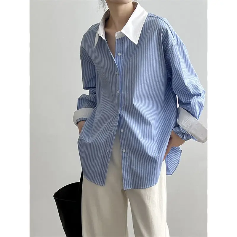 

Spring Autumn Blue White Striped Contrast Blouse Long Sleeve Polo Neck Loose Trend Shirt Tops Fashion Temperament Women Clothing