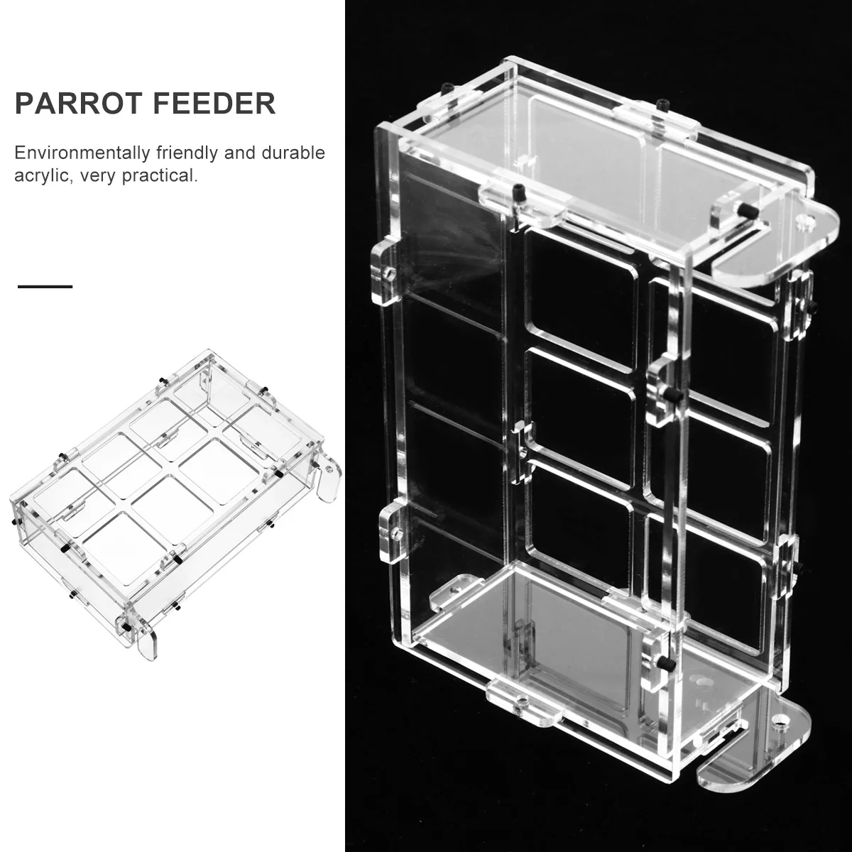 

Transparent Acrylic Bird Cage Cup 8 Slots Splash-Proof Feeding Box Easy Install Bird Food Feeder for Parrot Budgie Cockatiel