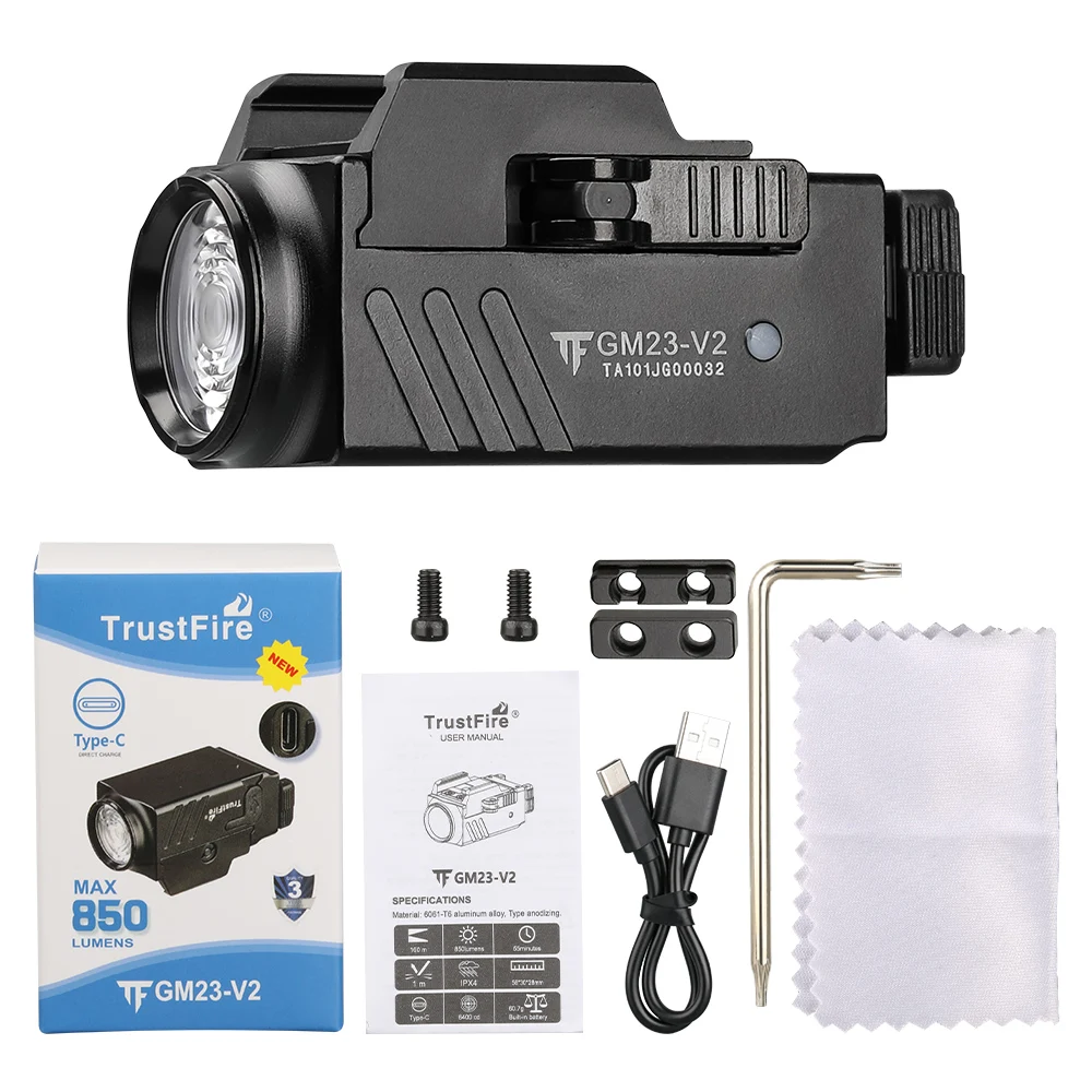 trustfire-850lm-tactical-flashlight-gm23-v2-quick-release-led-light-usb-c-rechargeable-rail-mounted-for-taurus-glock-17-19-tx2