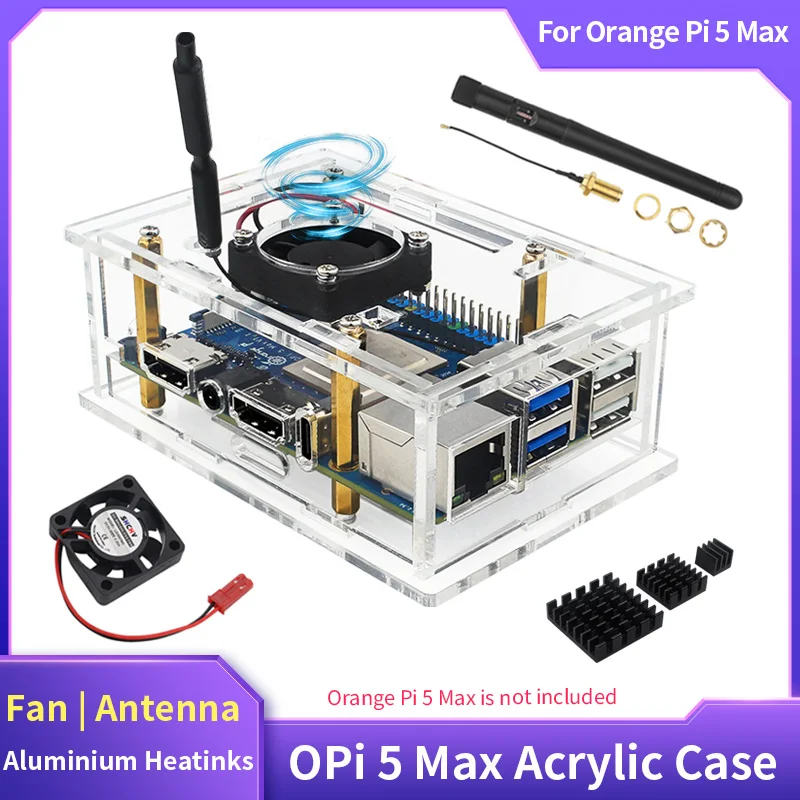 Orange Pi 5 Max Acrylic Case Transparent Shell Cooling Fan Aluminum Heatsink Antenna Optional Protective Box for Orange Pi 5 Max