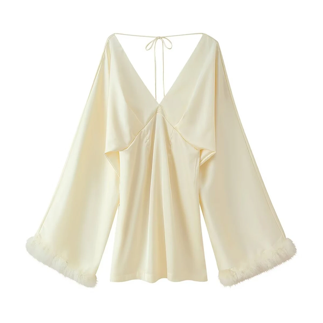 فستان نسائي جديد 2025 من الساتان برقبة على شكل حرف V مزين بالريش فستان أنيق للنساء