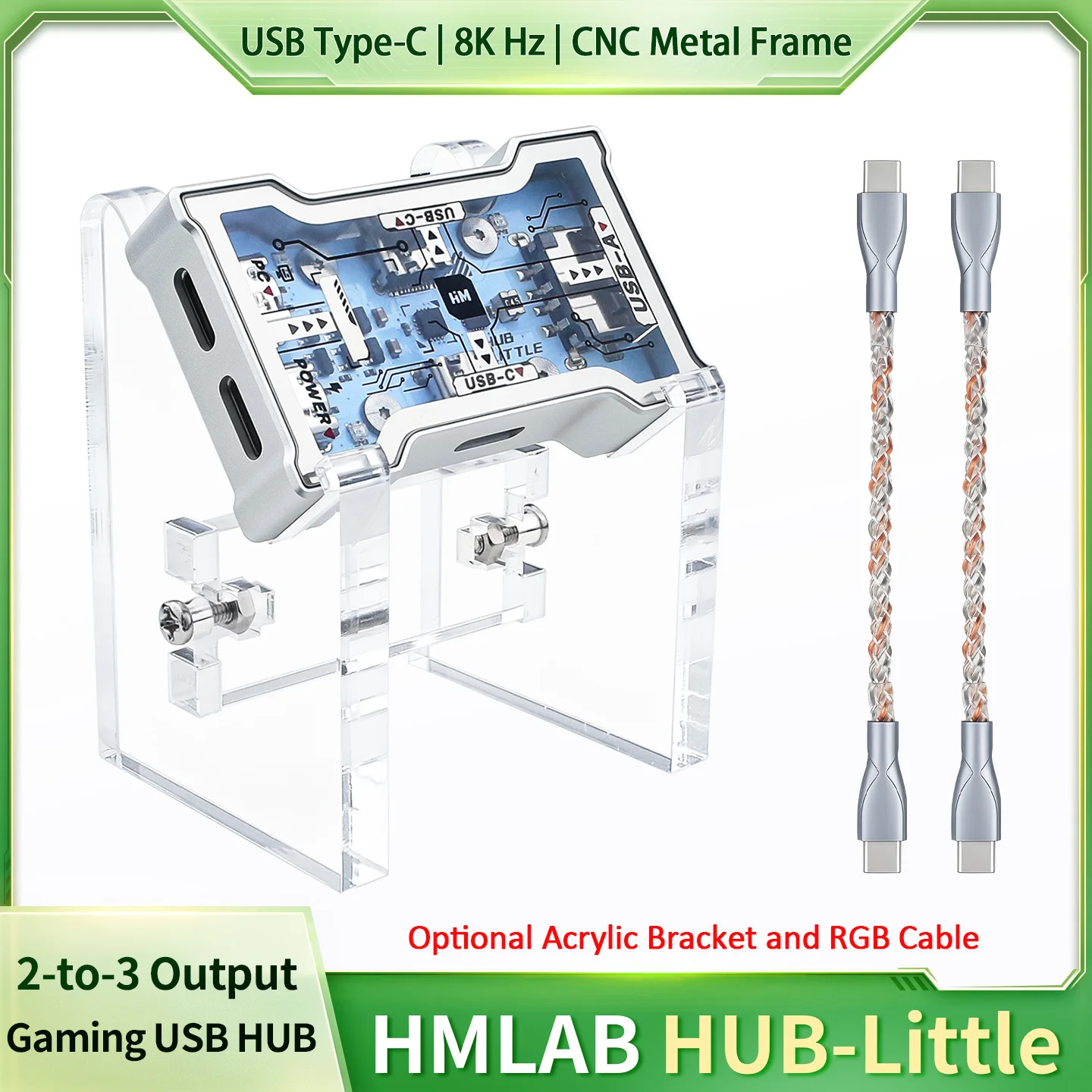 HMLAB HUB-LITTLE Gaming USB HUB 2-to-3 Output 8K 480Mbps Desktop Expansion Dock with Aluminum Frame Tempered Glass RGB Light