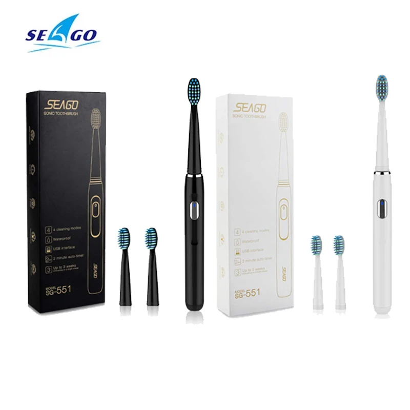 Seago Electric Toothbrush With 3 Brush Heads 4 Clean Modes One Key Operation Sonic Vibration IPX7 Waterproof SG-551