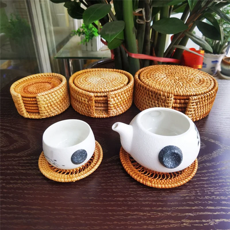 AA80-6 Pezzi Set Di Sottobicchiere Da Tè In Rattan Cerimonia del Tè Portavasi Ciotola In Rattan Pad Pentola Marrone Giallo